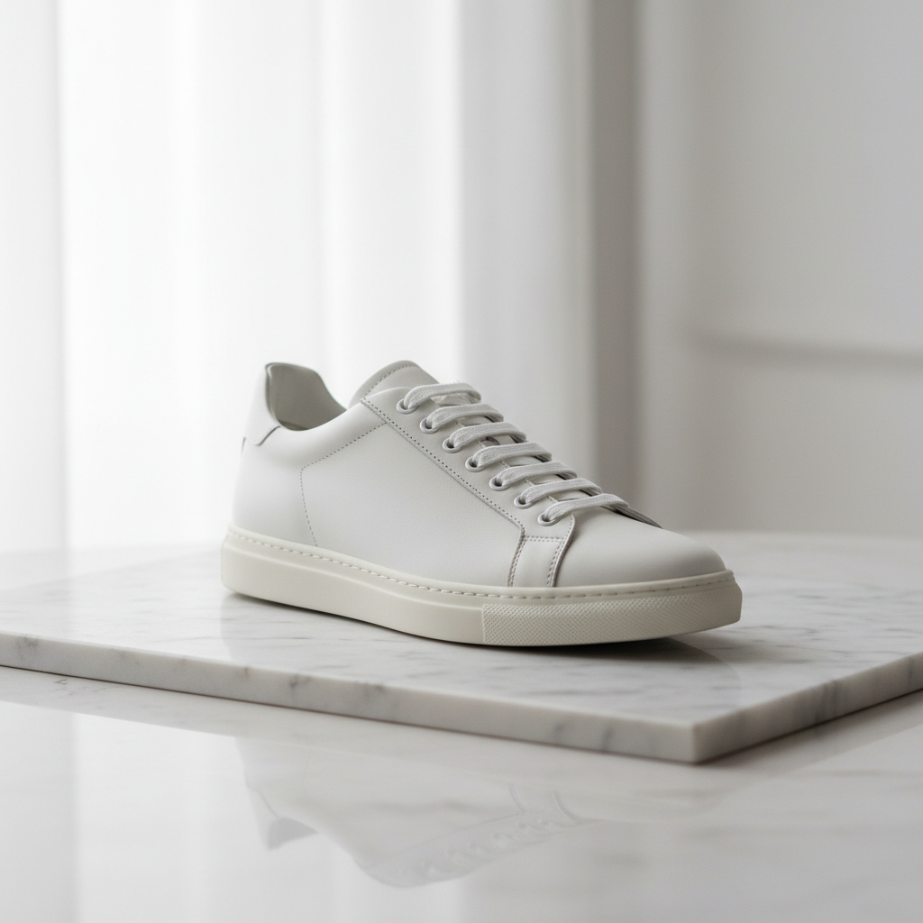 A clean pair of sneakers is the foundation of any successful game day outfit. A pair of crisp white sneakers on a bright display, suitable for pairing with an NBA jersey.
