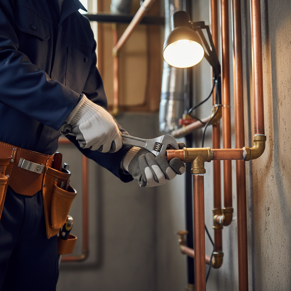 Plumber's hands using wrench to connect copper pipe fittings with precision in residential basement setting