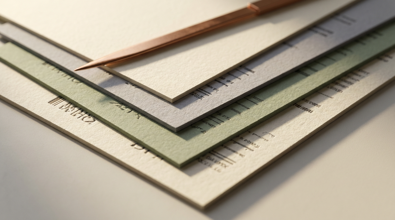Layered papers in soft muted tones with gold accent and studio lighting shadows.