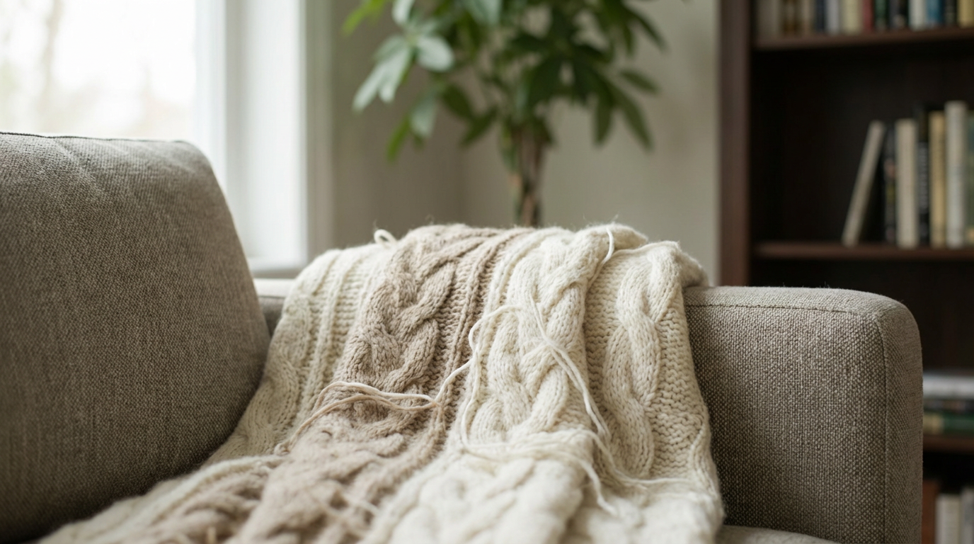Organized staging creates an inviting atmosphere that guests will appreciate immediately. A neat living room shelf with clear bins and a folded throw blanket in soft afternoon light.