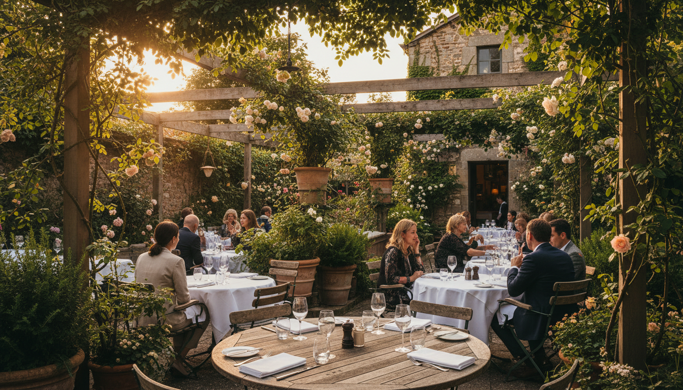 Guests enjoying leisurely meals at rustic tables in a lush garden bistro setting during golden afternoon light, creating a warm, sophisticated atmosphere Guests enjoying leisurely meals at rustic tables in a lush garden bistro setting during golden afternoon light, creating a warm, sophisticated atmosphere