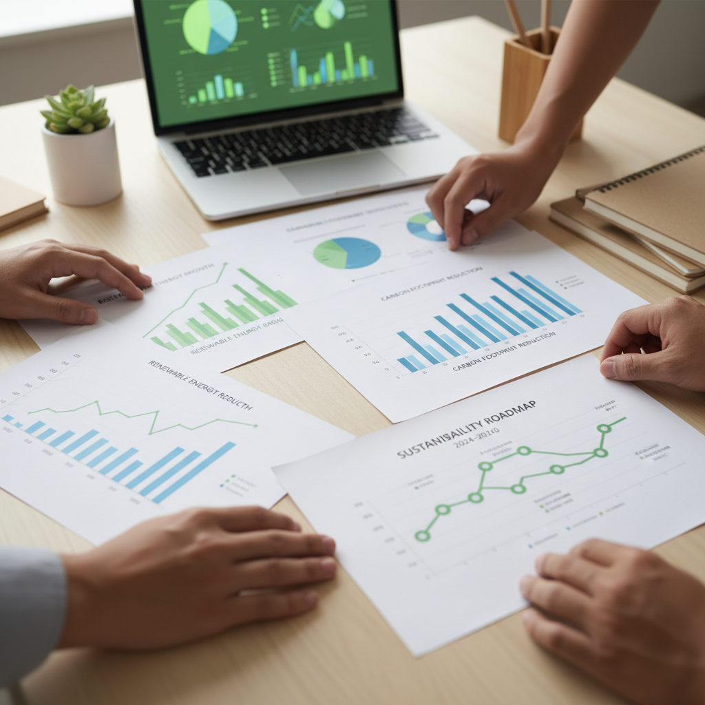 Consultant's hands arranging sustainability charts and renewable energy data on light wooden desk with natural window lighting Consultant's hands arranging sustainability charts and renewable energy data on light wooden desk with natural window lighting