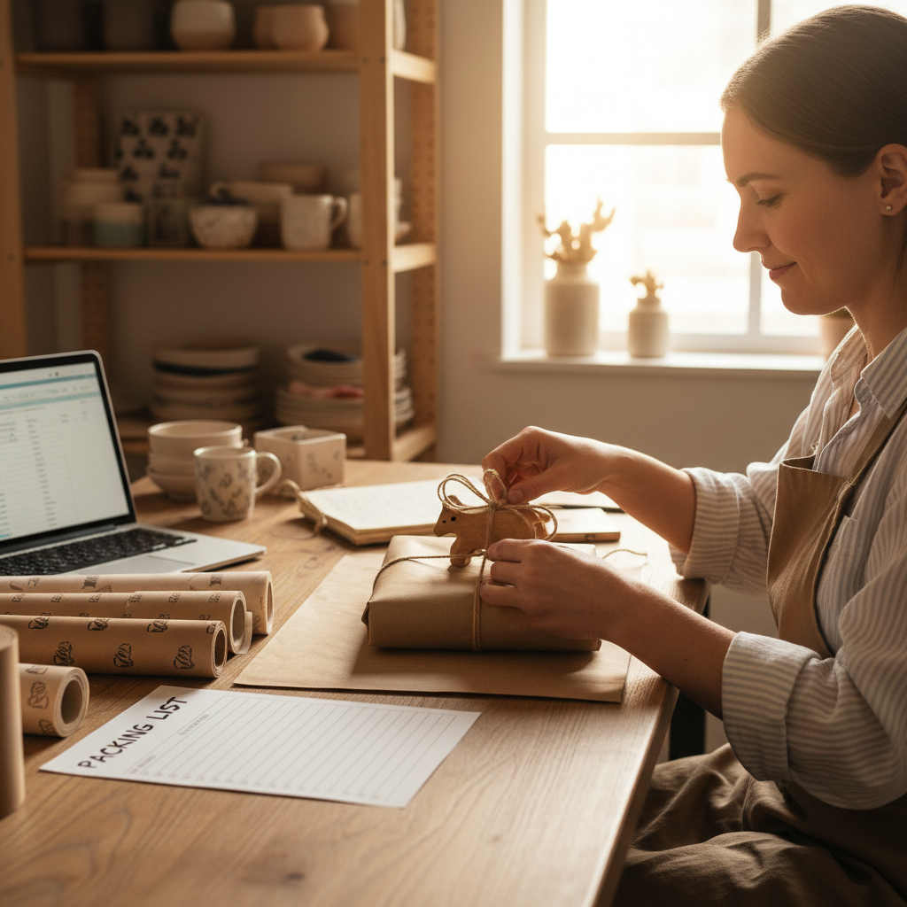 Female artisan carefully wrapping handmade product in kraft paper with twine at organized workspace near window light