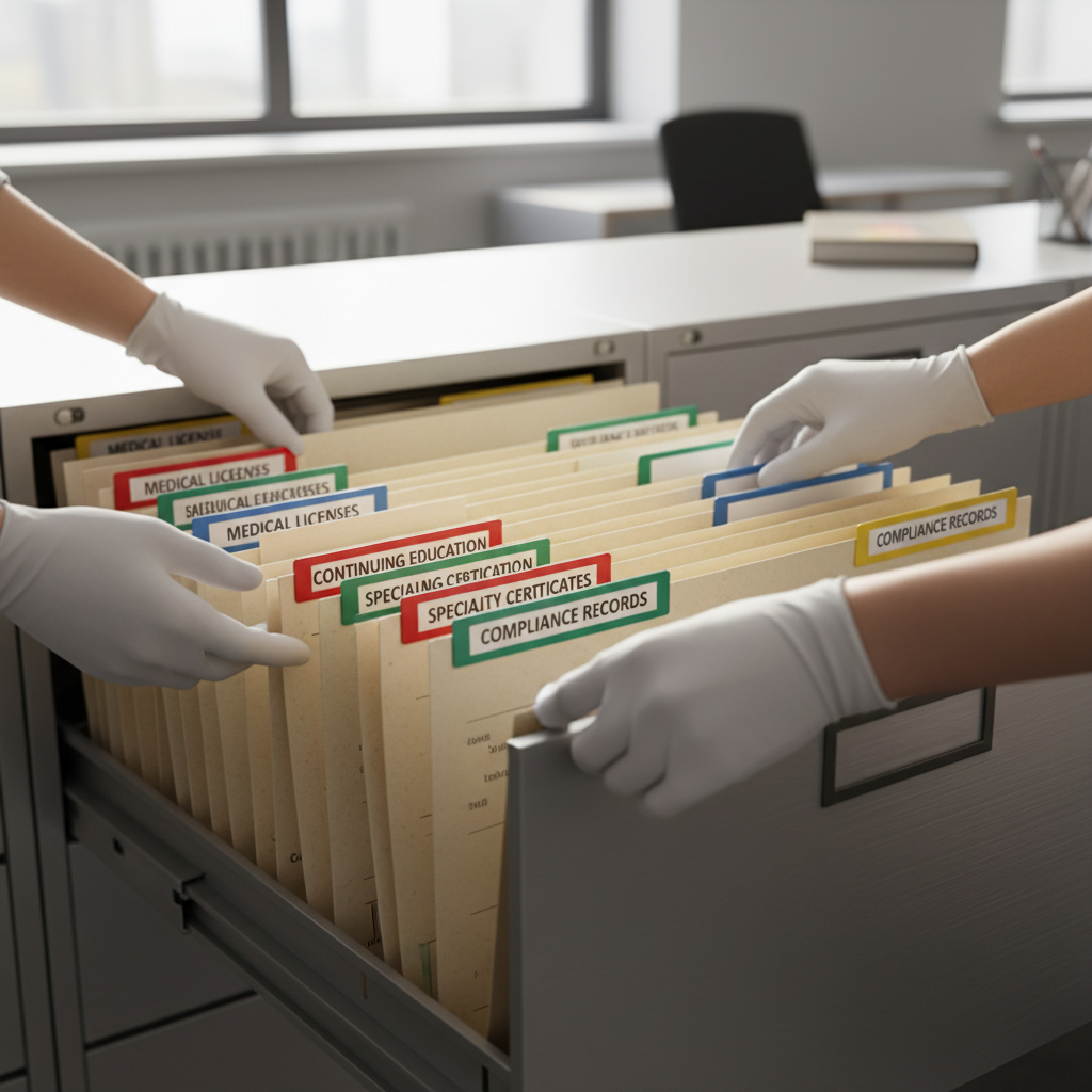 Organized color-coded credential files and certification documents in professional filing system Organized color-coded credential files and certification documents in professional filing system