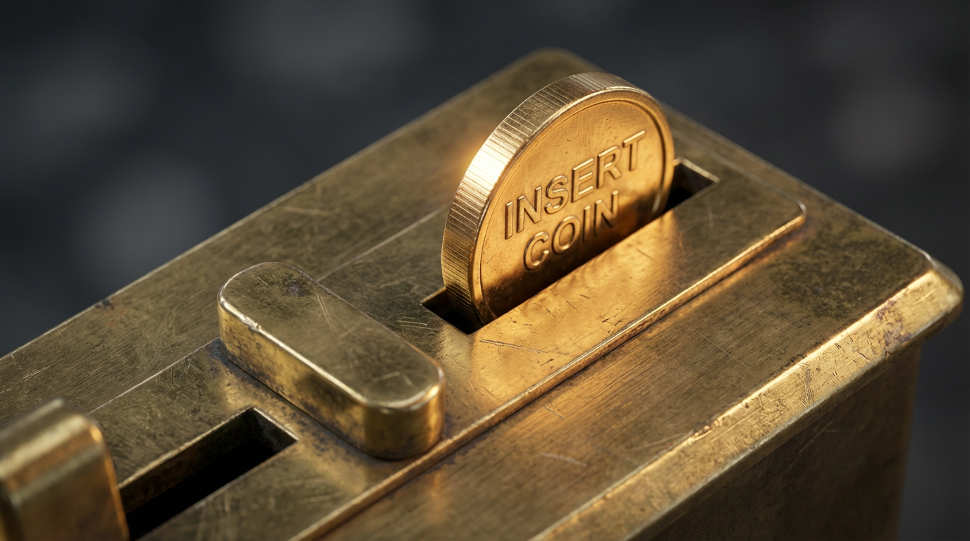 Macro close-up of gleaming brass coin slot mechanism with coin positioned mid-insert under studio lighting.