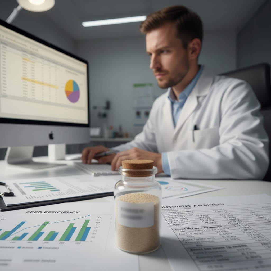 Nutritionist reviewing feed formulation data and analysis on computer with supplement sample container on research desk