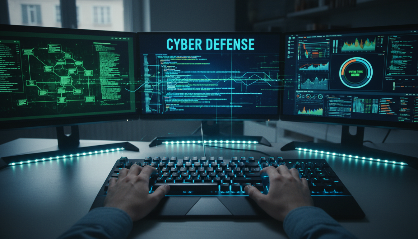 Cybersecurity professional typing on mechanical keyboard with multiple security monitoring screens and network dashboards visible Cybersecurity professional typing on mechanical keyboard with multiple security monitoring screens and network dashboards visible