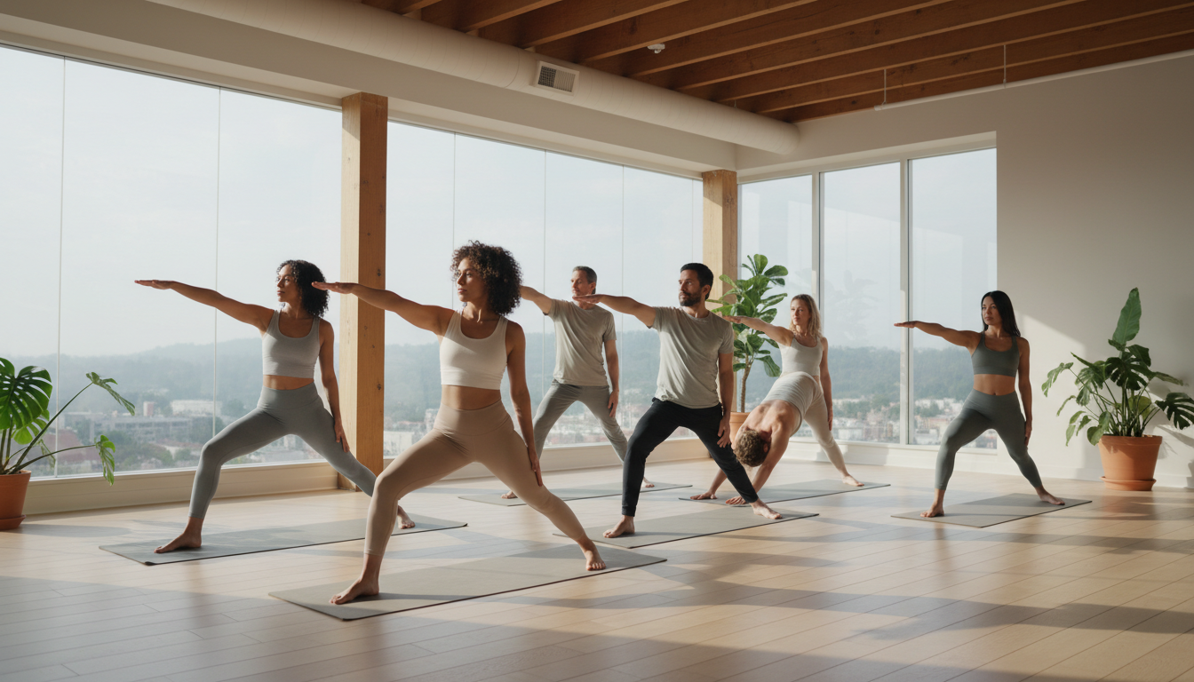 Diverse group of yoga practitioners flowing through vinyasa sequence in bright, plant-filled studio with natural window light