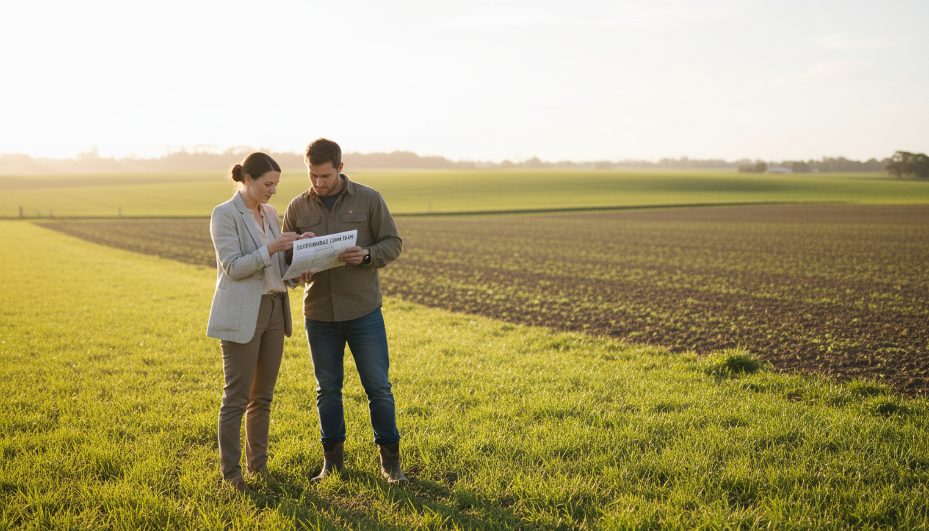 Farm consultant and farmer reviewing farm plan document together in open field at golden hour, discussing agricultural strategy Farm consultant and farmer reviewing farm plan document together in open field at golden hour, discussing agricultural strategy