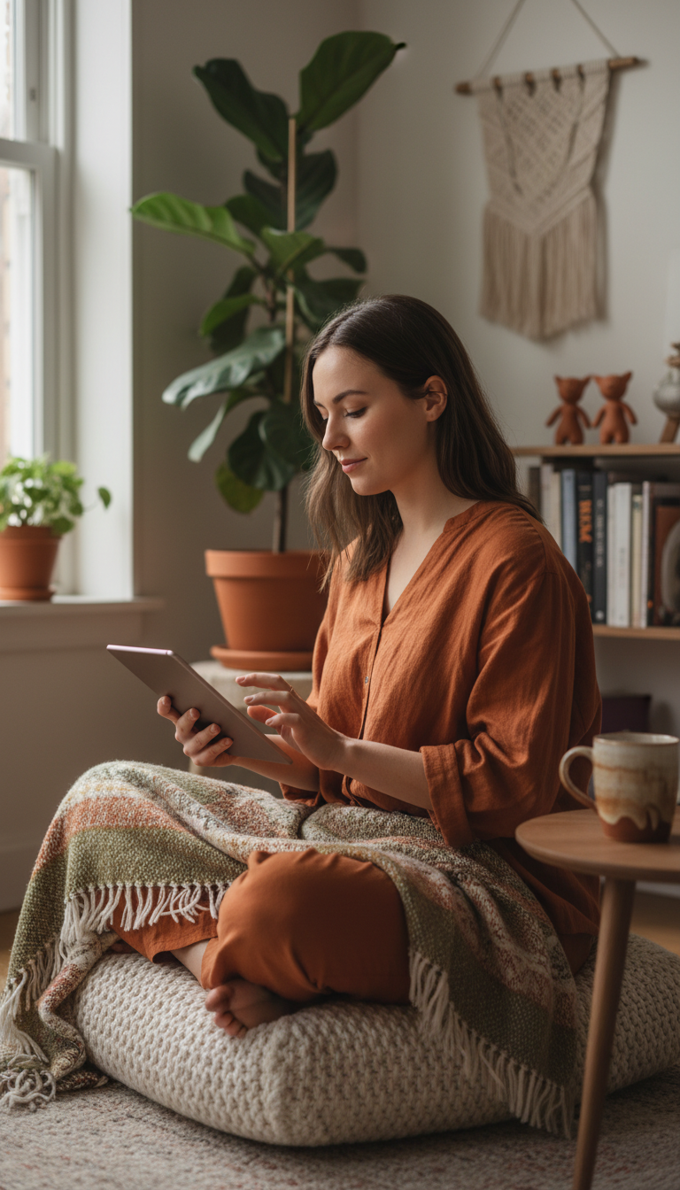 Woman sitting peacefully with journal in cozy, well-lit living space engaged in personal reflection Woman sitting peacefully with journal in cozy, well-lit living space engaged in personal reflection