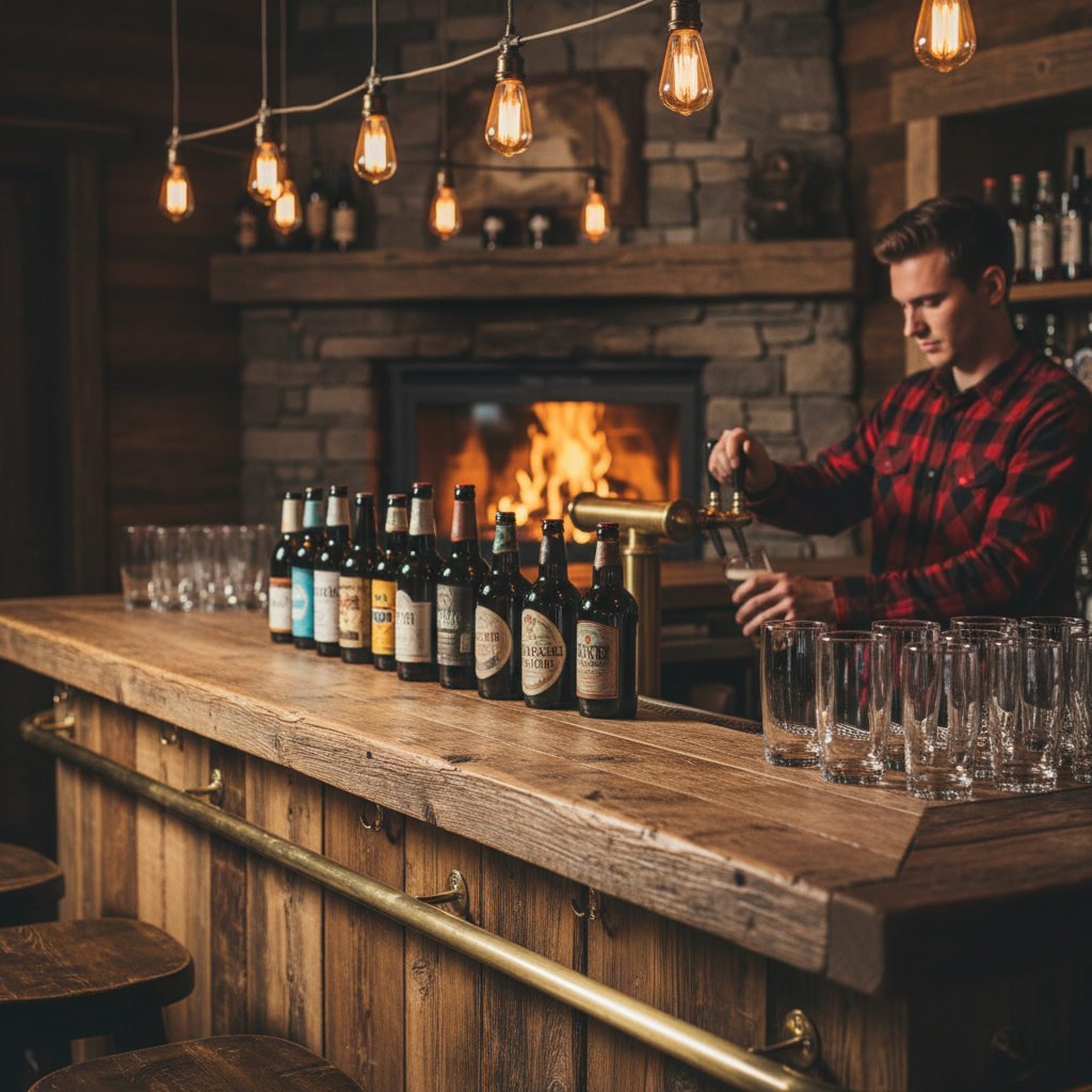 Bartender pouring craft beverage at weathered wooden bar counter with warm Edison bulb lighting and stone fireplace backdrop
