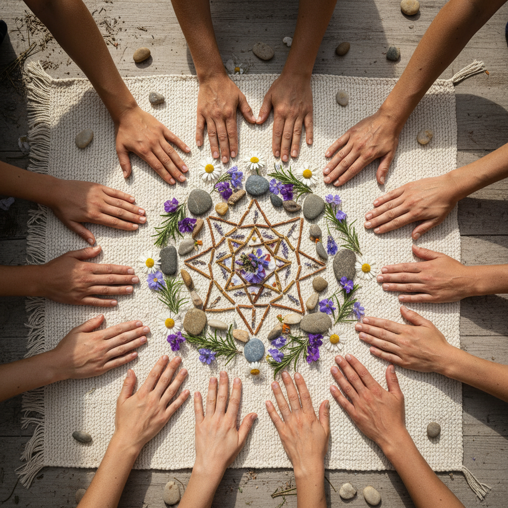 Overhead view of diverse group hands placed on natural objects in mandala-like circle formation Overhead view of diverse group hands placed on natural objects in mandala-like circle formation