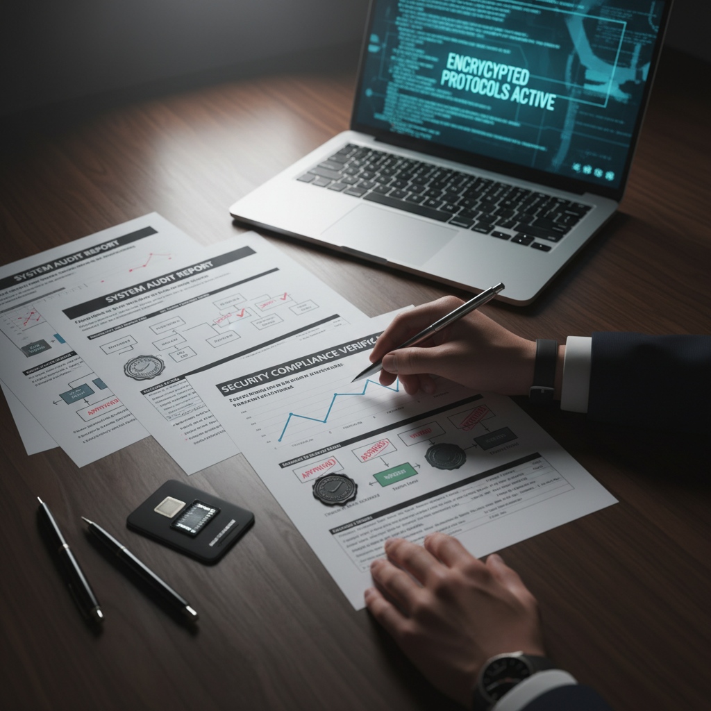 Auditor hands reviewing security compliance documents and digital protocols with laptop displaying encryption systems Auditor hands reviewing security compliance documents and digital protocols with laptop displaying encryption systems