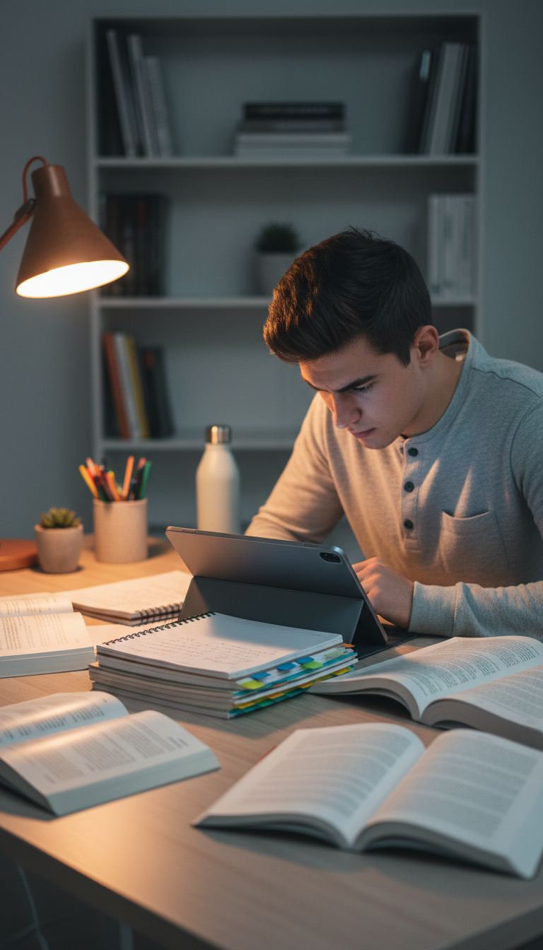 Focused student studying intently on tablet surrounded by handwritten notes and reference books at well-lit desk Focused student studying intently on tablet surrounded by handwritten notes and reference books at well-lit desk