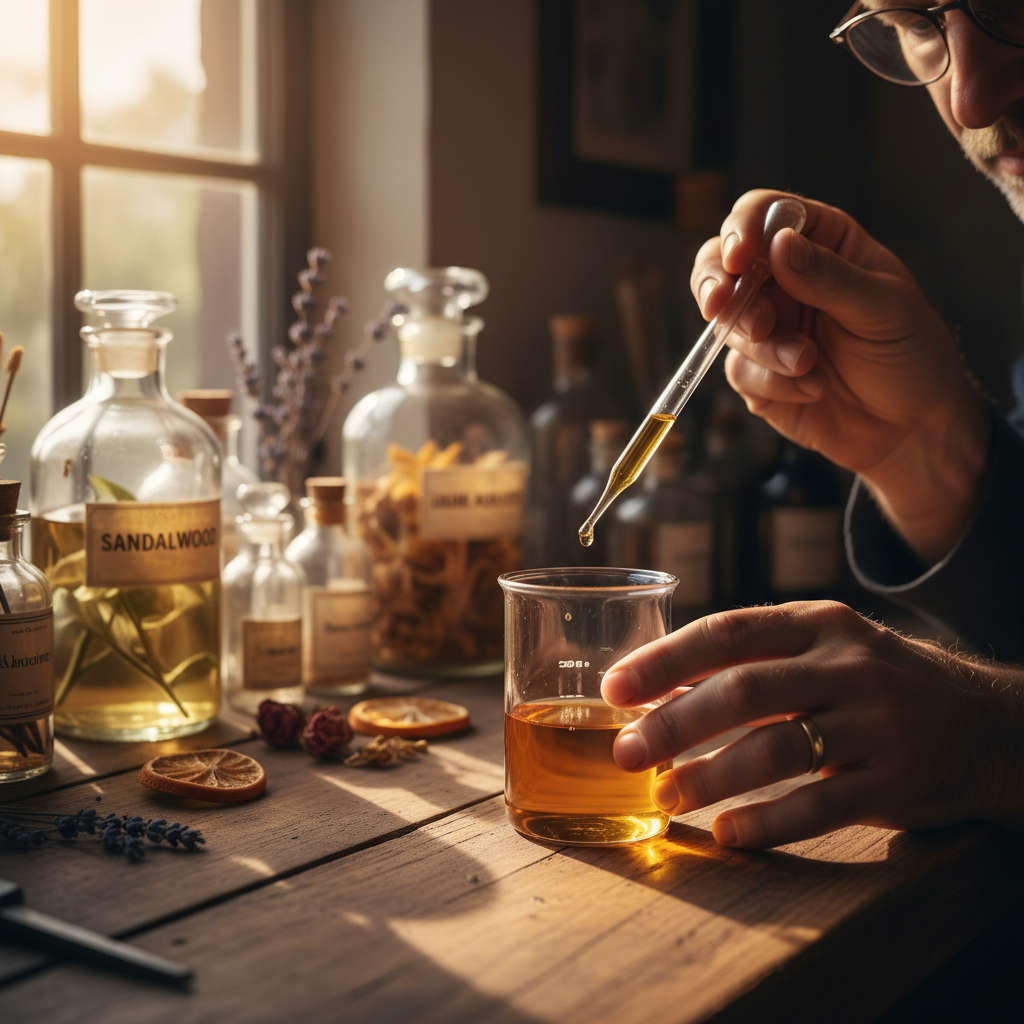 Master perfumer's hands measuring and blending fragrant oils in glass beakers with botanical ingredients displayed in soft natural light Master perfumer's hands measuring and blending fragrant oils in glass beakers with botanical ingredients displayed in soft natural light