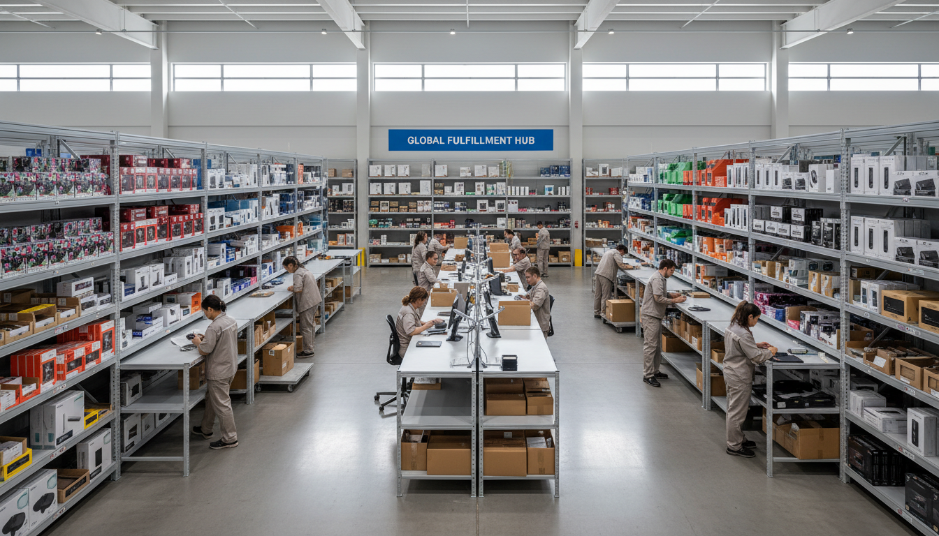 Modern warehouse interior with organized product shelves and workers processing orders across expansive fulfillment space