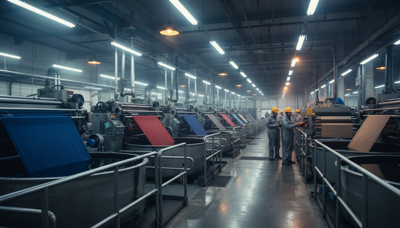 Industrial textile processing facility floor with dyeing vats, machinery, and workers processing colored fabrics Industrial textile processing facility floor with dyeing vats, machinery, and workers processing colored fabrics