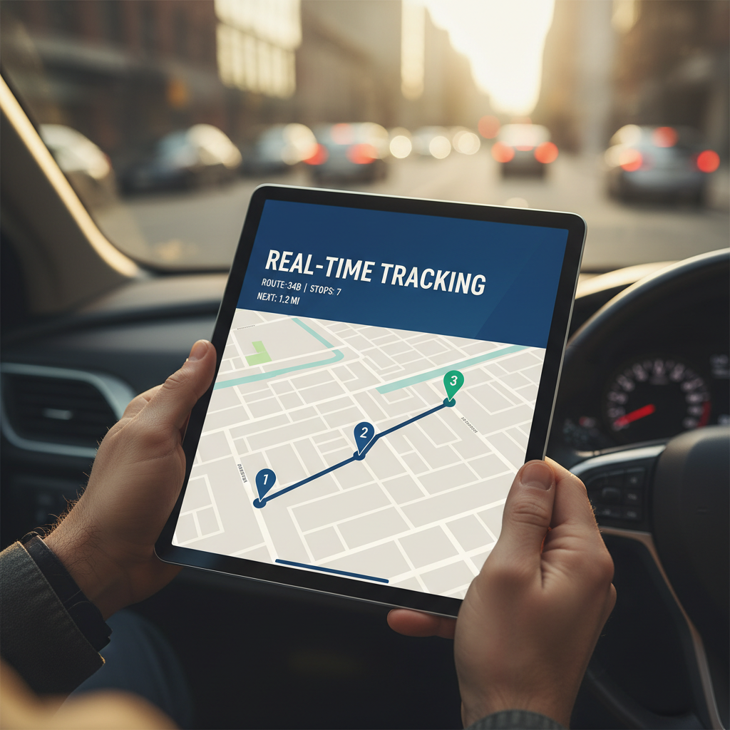 Delivery driver's hands holding tablet displaying real-time tracking map and route information in vehicle Delivery driver's hands holding tablet displaying real-time tracking map and route information in vehicle
