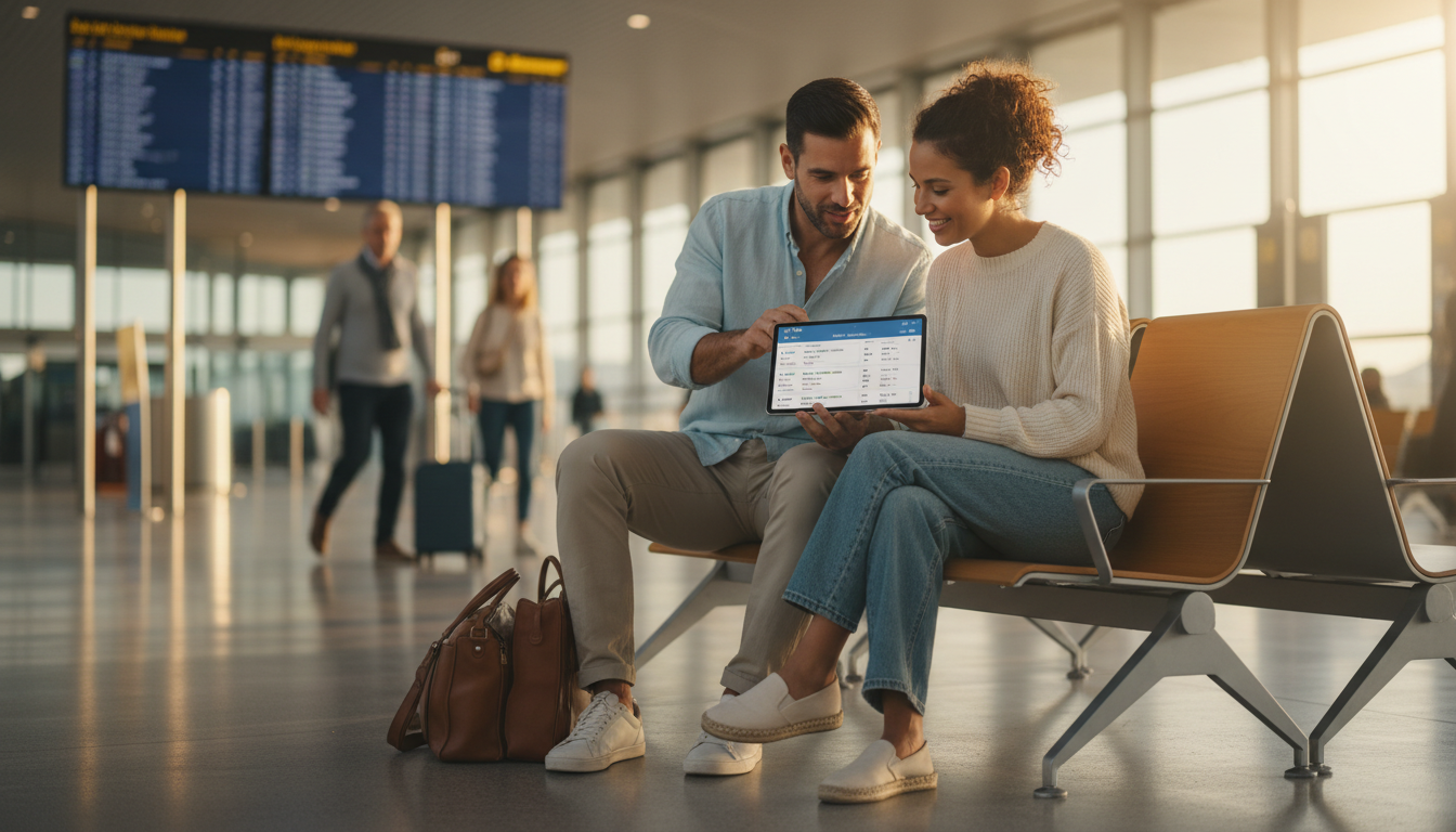 Diverse couple sitting at airport bench reviewing flight options on tablet while planning their trip together