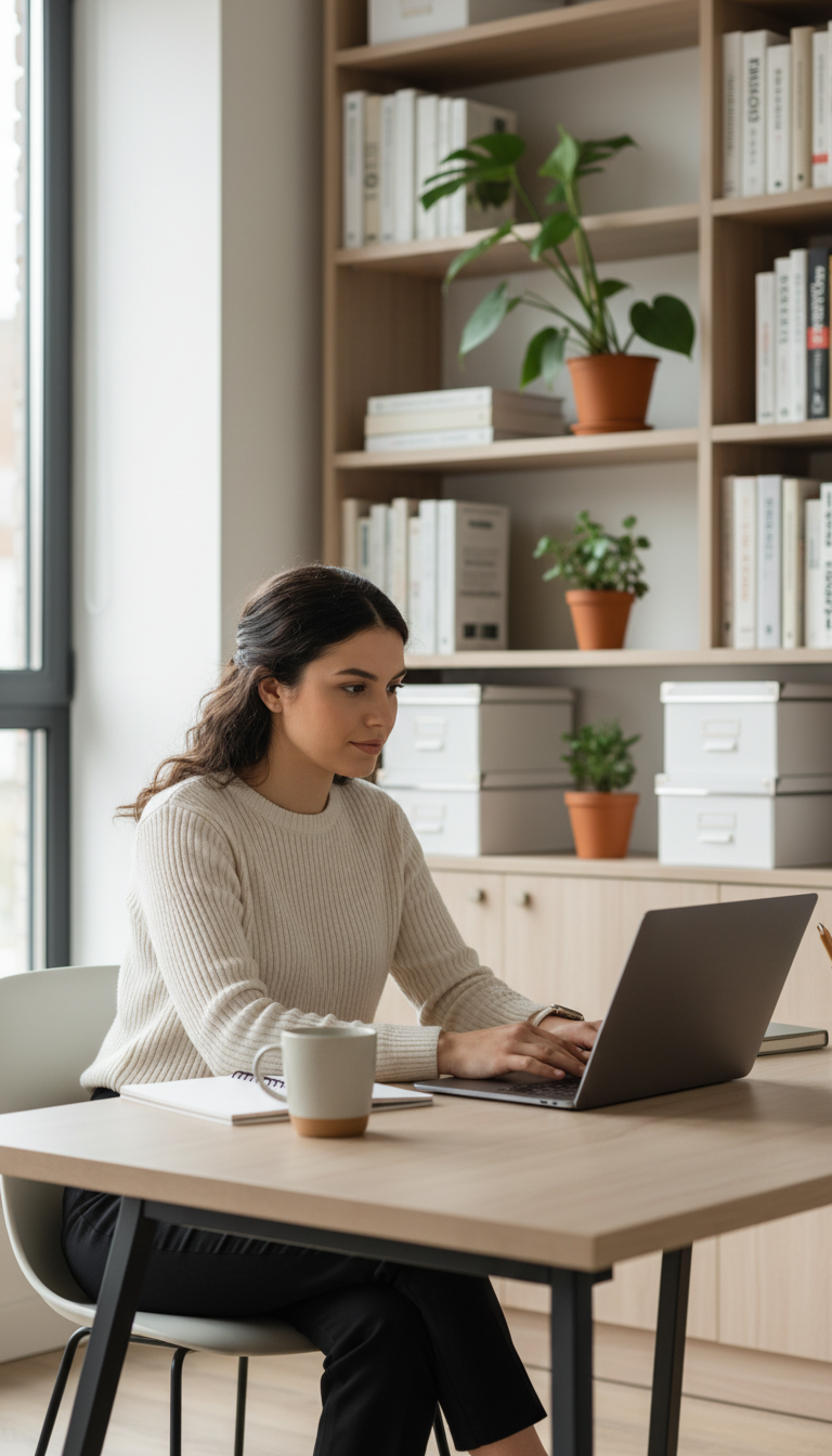 Confident female entrepreneur working at home office desk with laptop and professional setup