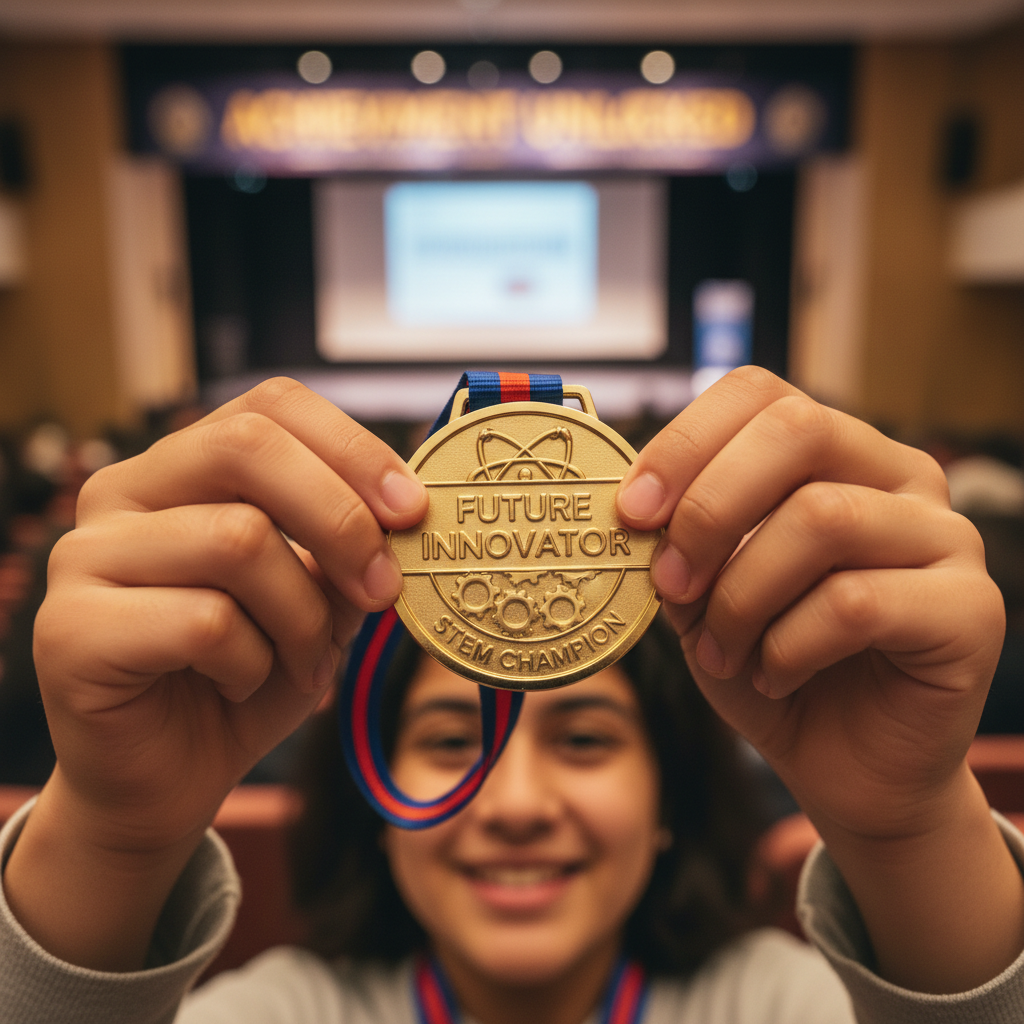 Close-up of student hands holding achievement medal with pride, celebrating academic competition success Close-up of student hands holding achievement medal with pride, celebrating academic competition success