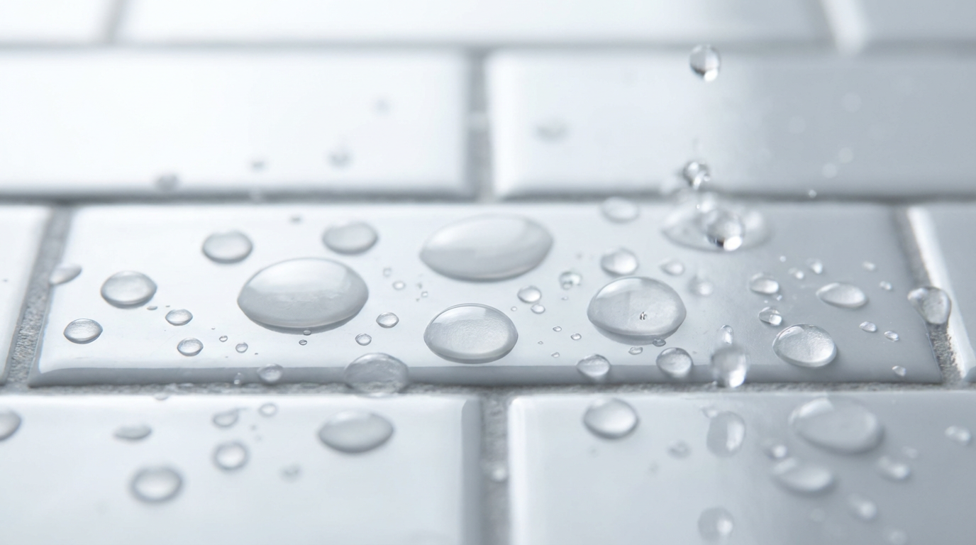 Close-up of white subway tiles with cascading water droplets and light reflections, modern bathroom renovation aesthetic. Close-up of white subway tiles with cascading water droplets and light reflections, modern bathroom renovation aesthetic.