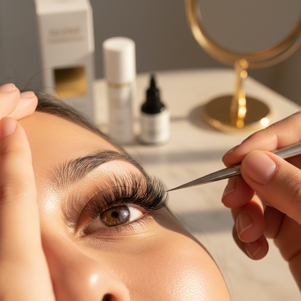 Close-up of beautifully applied individual lashes on customer's eye with makeup artist's hands visible using professional applicator Close-up of beautifully applied individual lashes on customer's eye with makeup artist's hands visible using professional applicator