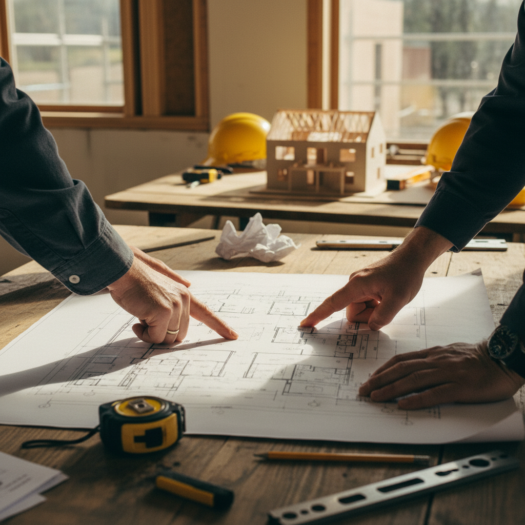 Homeowner and construction supervisor examining architectural blueprints and floor plans together at a wooden table with natural light Homeowner and construction supervisor examining architectural blueprints and floor plans together at a wooden table with natural light