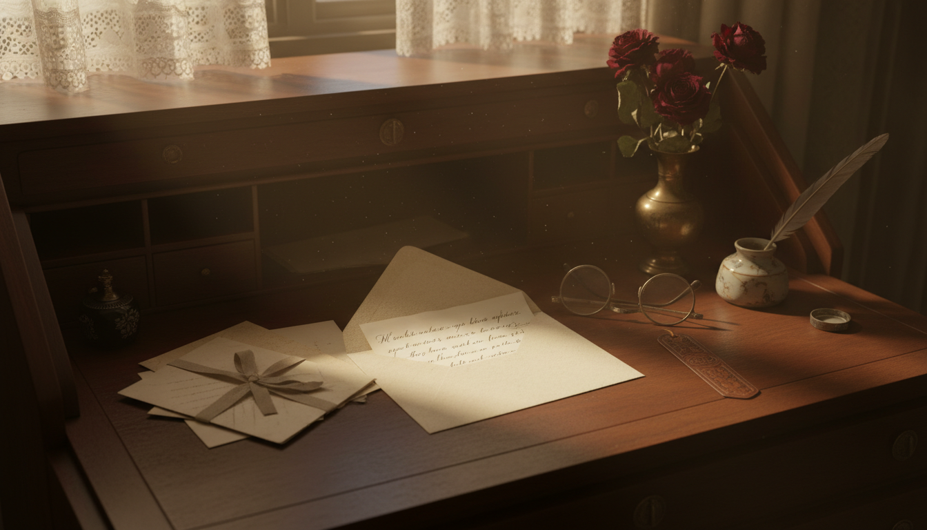 Open letter on antique desk with morning light, surrounded by previous correspondence and period details