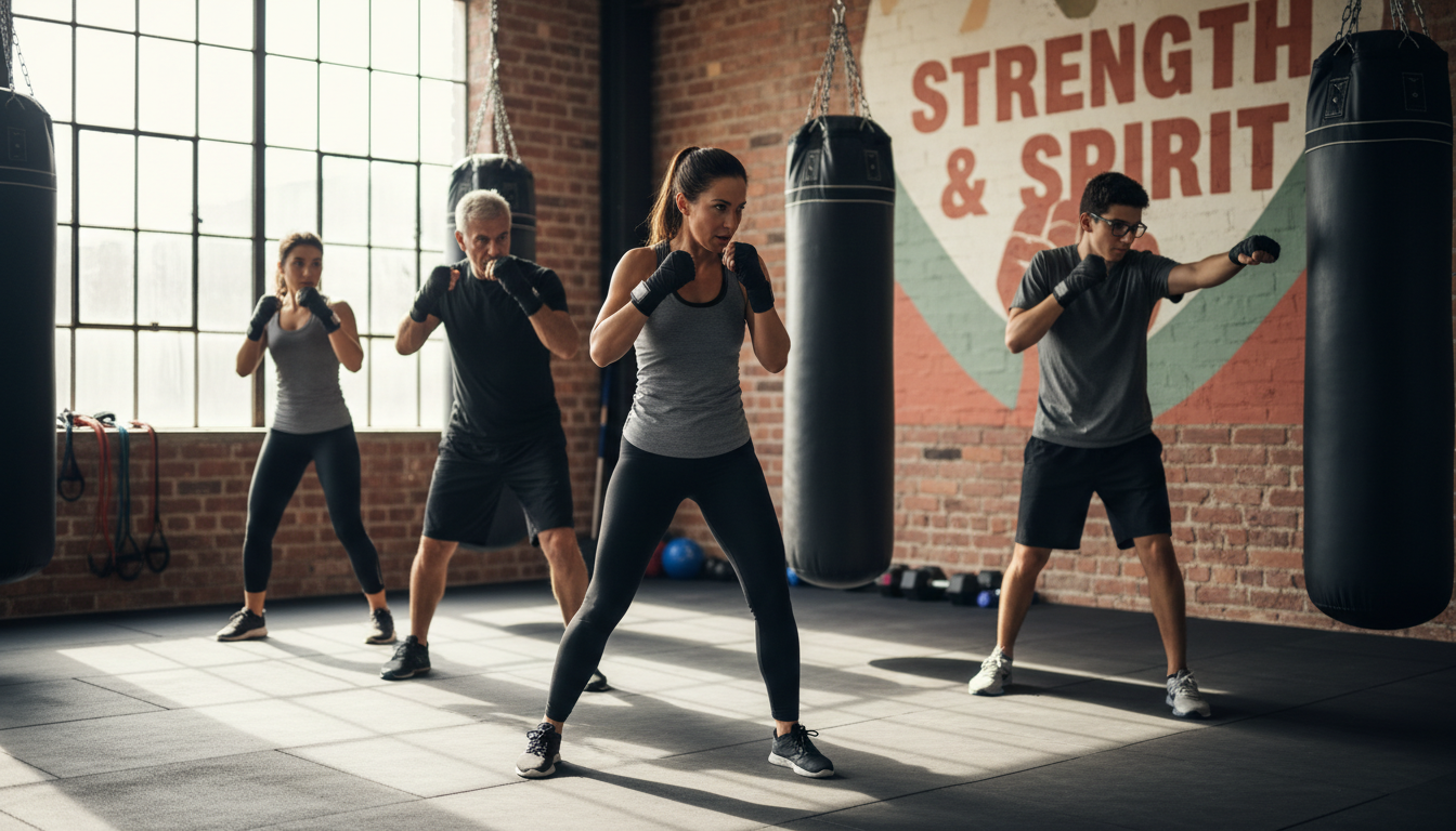 Diverse martial arts students practicing striking combinations on heavy bags during group fitness class with instructor