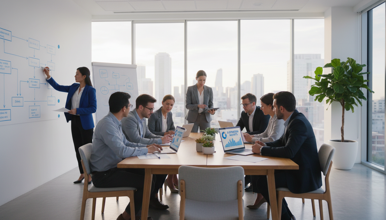 New leaders must step out of their offices and engage with the team to build social capital. A professional business meeting in a modern conference room with a whiteboard, showing team engagement.