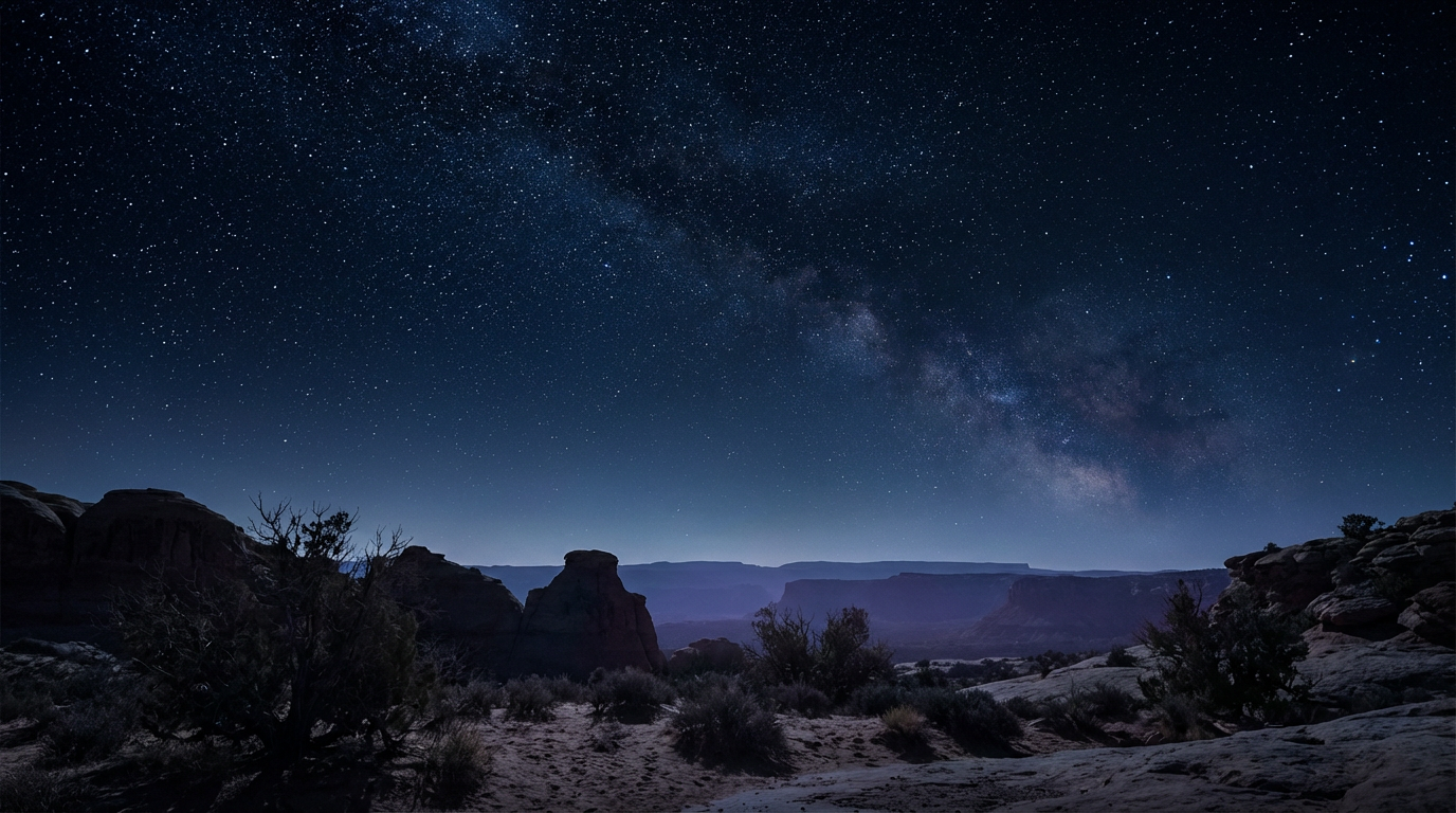 Nighttime desert landscape silhouette beneath clear starfield and deep indigo sky with subtle moonlight on terrain. Nighttime desert landscape silhouette beneath clear starfield and deep indigo sky with subtle moonlight on terrain.