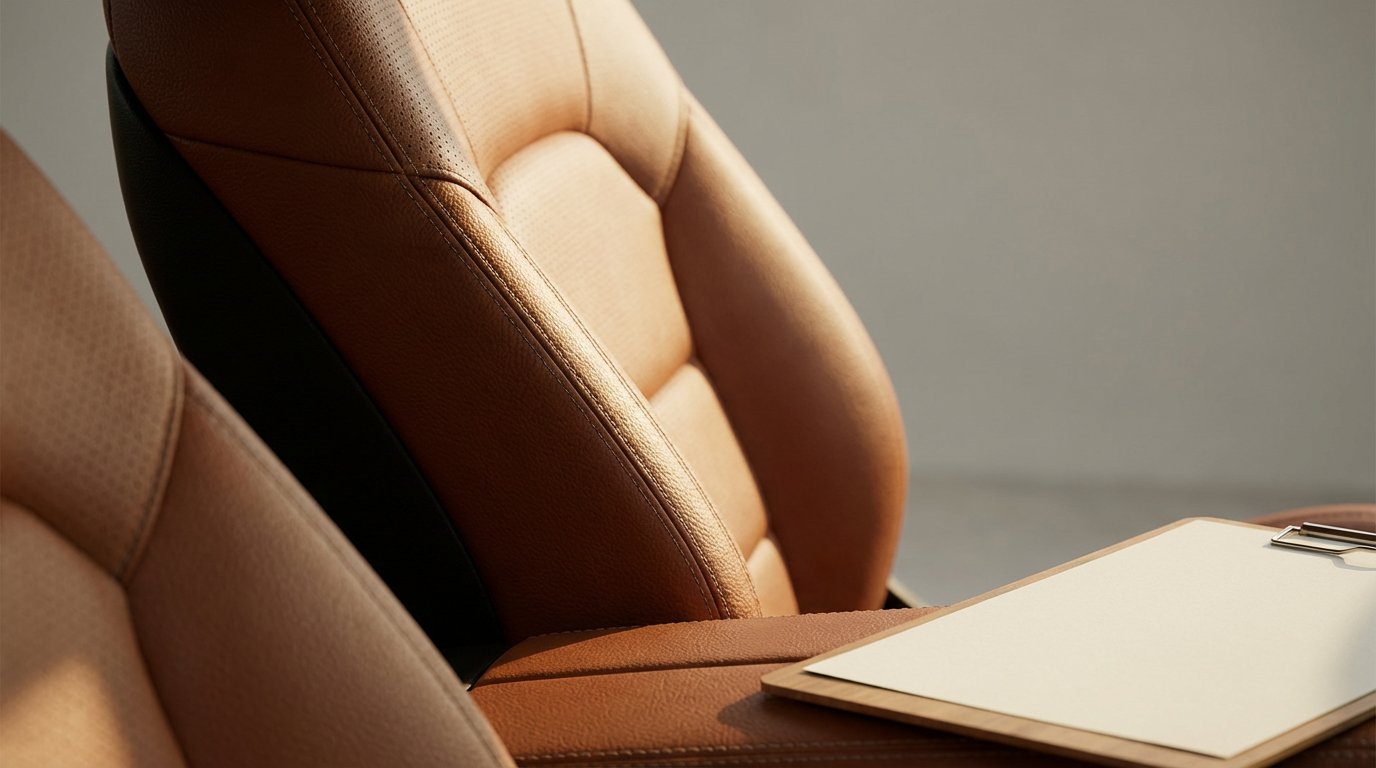 Deep cleaning interior surfaces requires specialist tools and time, which influences the total service cost. A close up of a beige leather car seat showing a distinct line between a soiled area and a deep-cleaned section.