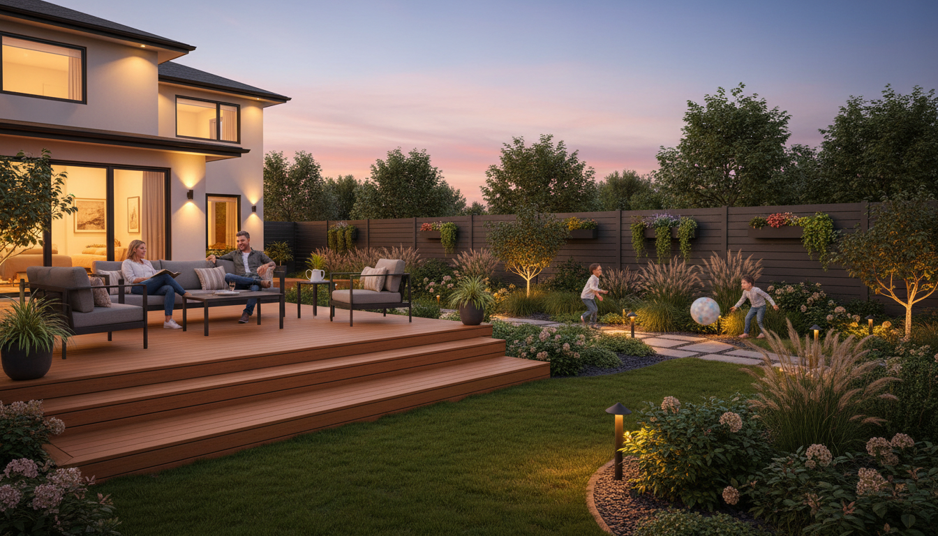 Oakville residential backyard with family enjoying deck, landscaped gardens, new fence, and ambient pathway lighting at dusk Oakville residential backyard with family enjoying deck, landscaped gardens, new fence, and ambient pathway lighting at dusk