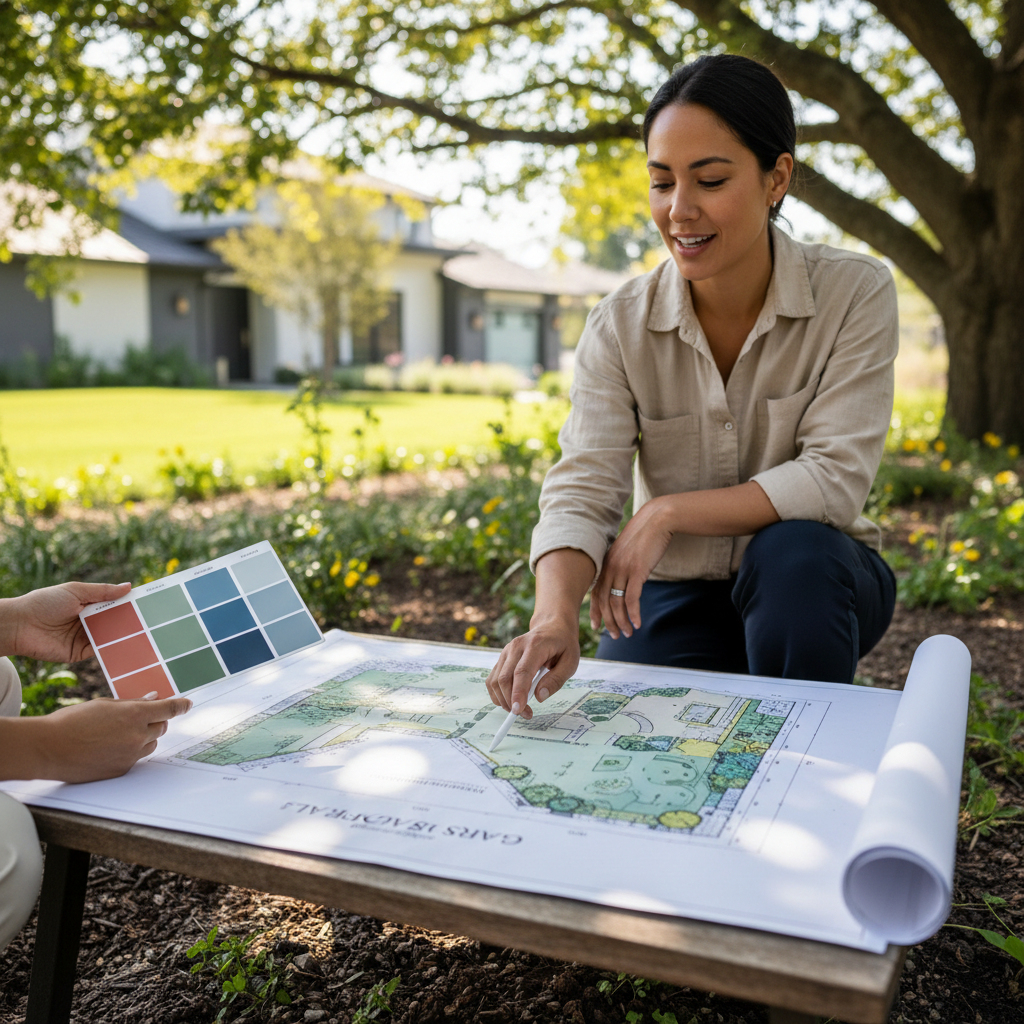 Landscape designer reviewing garden blueprint and color palette during residential property consultation Landscape designer reviewing garden blueprint and color palette during residential property consultation