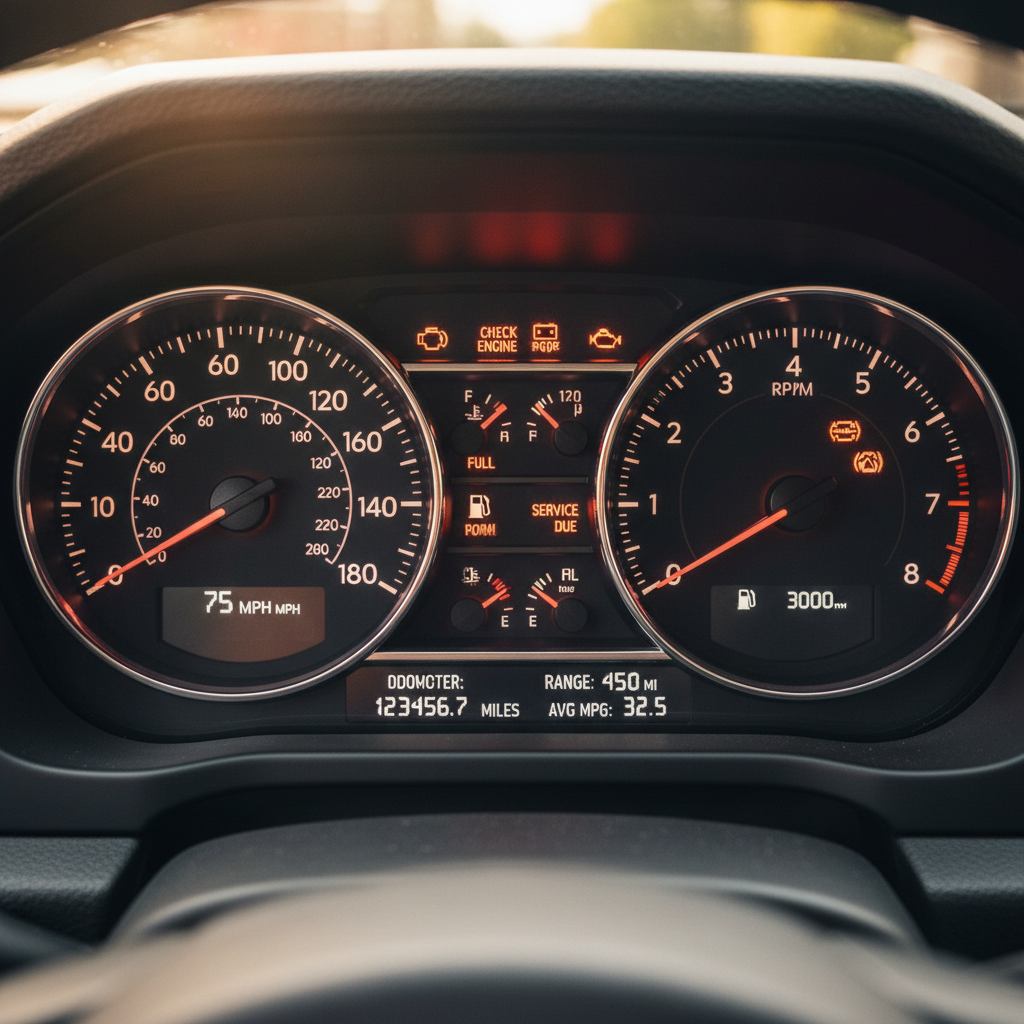 Close-up of vehicle dashboard showing odometer, gauges, and condition indicator lights