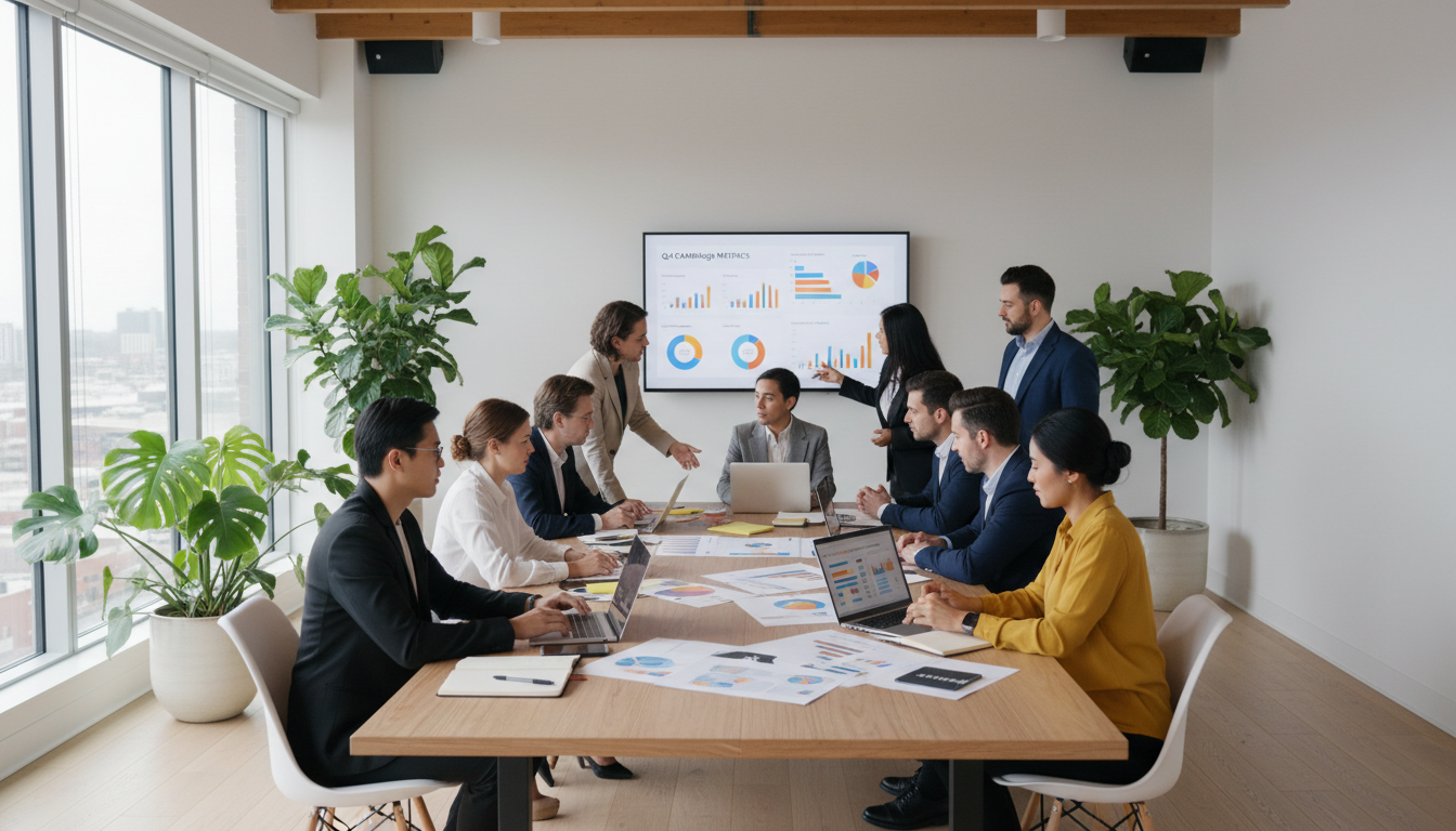Tracking results is key to refining your traditional marketing strategy for maximum ROI. A marketing team collaborating around a table covered in documents and design materials to analyze campaign performance.