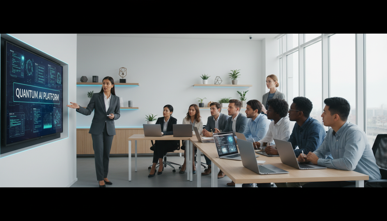 Diverse group of professionals learning advanced AI software during hands-on training with instructor guidance at collaborative workspace