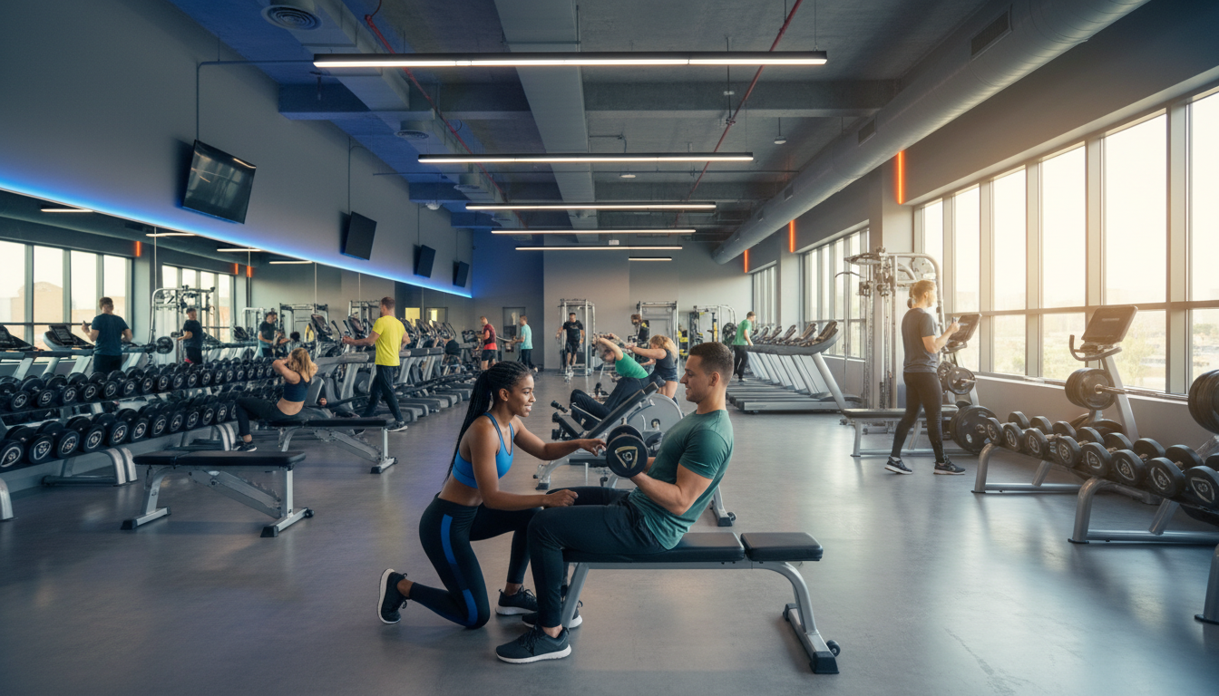 Modern gym facility with diverse members working out and trainer providing personalized guidance during peak hours