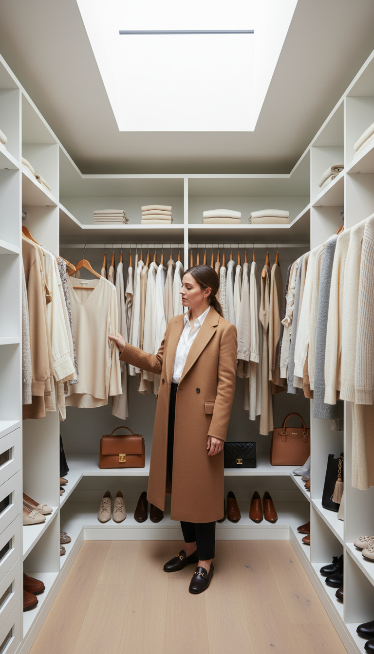 Woman in elegant camel coat standing in minimalist walk-in closet with organized clothing and accessories Woman in elegant camel coat standing in minimalist walk-in closet with organized clothing and accessories