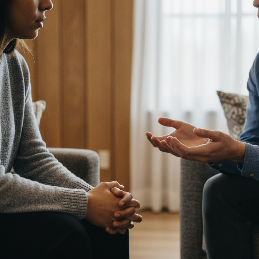 Close-up of two people's hands during a therapy session, showing trust and emotional support in conversation Close-up of two people's hands during a therapy session, showing trust and emotional support in conversation