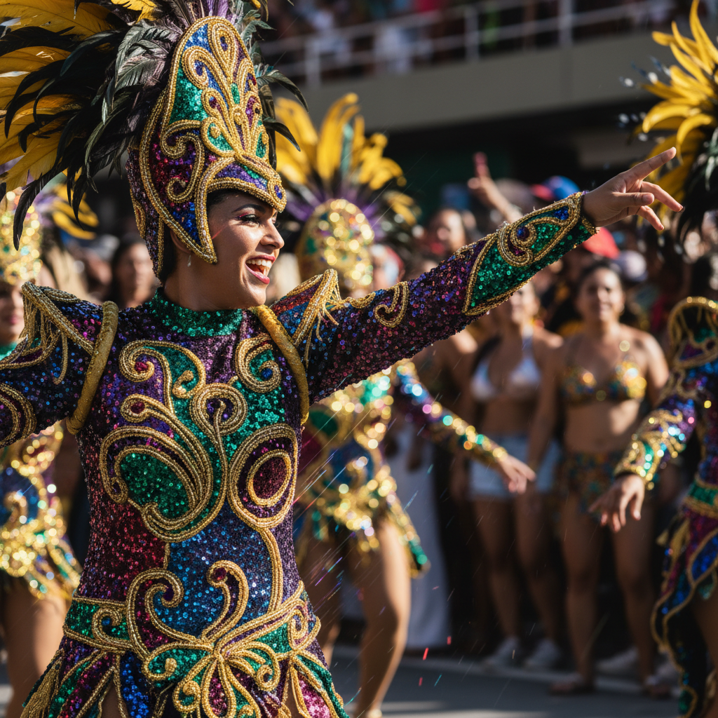 Carnival dancer in jeweled sequin abadá costume with feathered headdress, captured mid-dance during street procession celebration Carnival dancer in jeweled sequin abadá costume with feathered headdress, captured mid-dance during street procession celebration