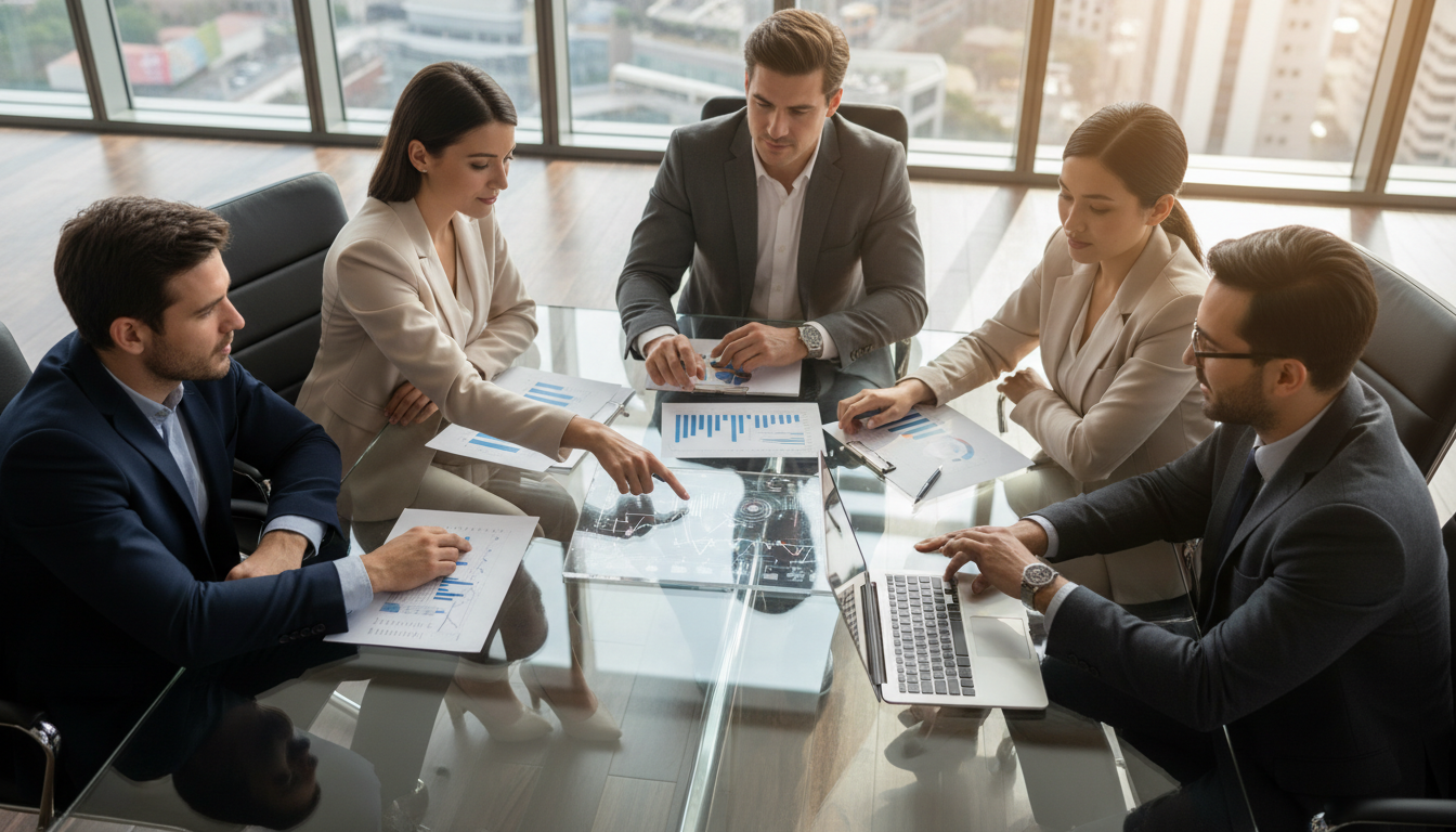 Strong growth trends and recurring revenue models are primary drivers for higher valuation multiples. Two professionals in a meeting room reviewing growth charts and financial graphs on a laptop screen.