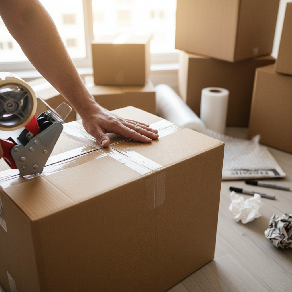 Close-up of experienced hands securely taping cardboard moving boxes with professional packing materials