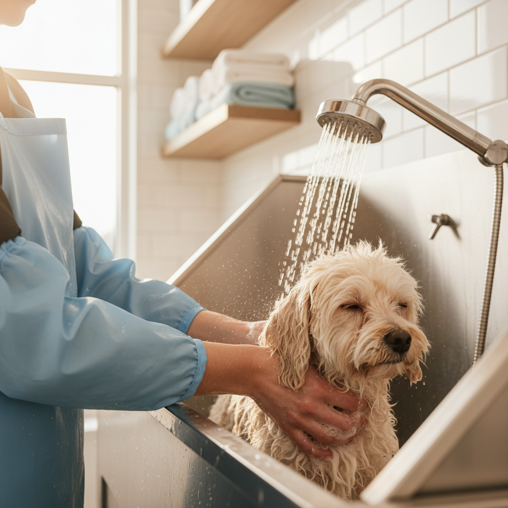 Professional groomer gently bathing a fluffy dog with warm water and shampoo in modern grooming facility with soft natural lighting