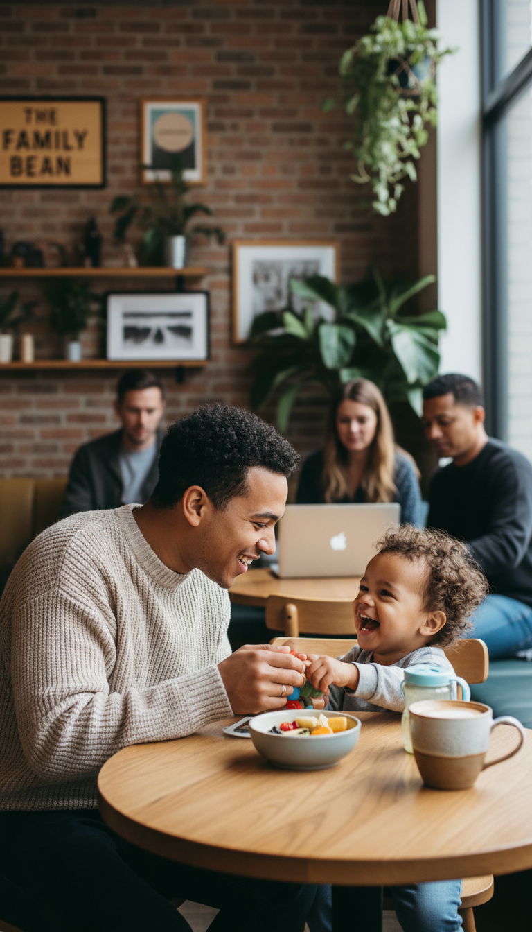 Parent and child sharing meal at café table with beverages, warm natural lighting, joyful family bonding moment Parent and child sharing meal at café table with beverages, warm natural lighting, joyful family bonding moment