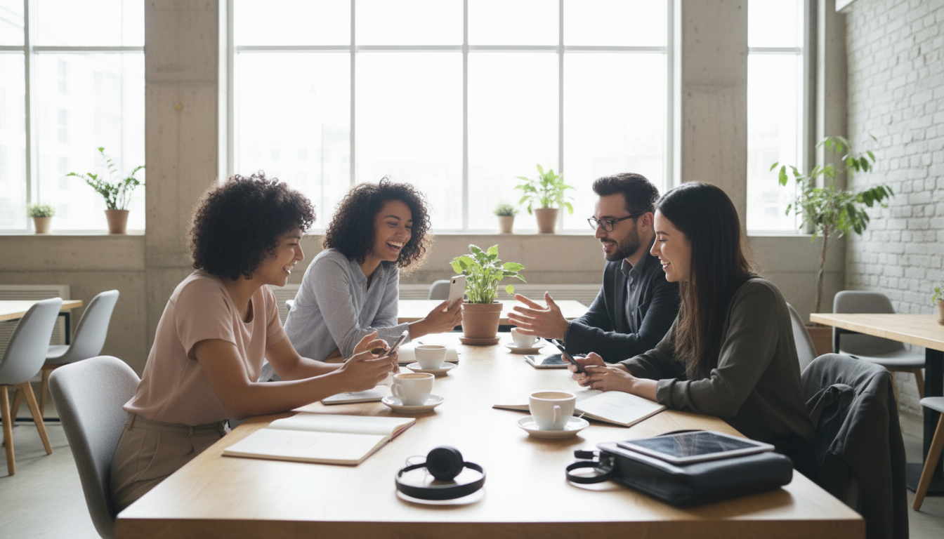 Diverse group of young professionals in café using mobile devices and socializing together with natural sunlight illuminating the space