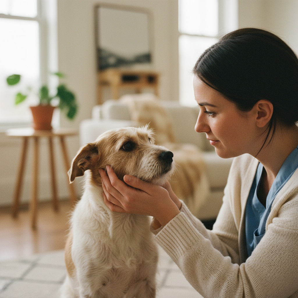 Professional caregiver gently holding small dog's face with reassuring eye contact in bright, warm indoor space