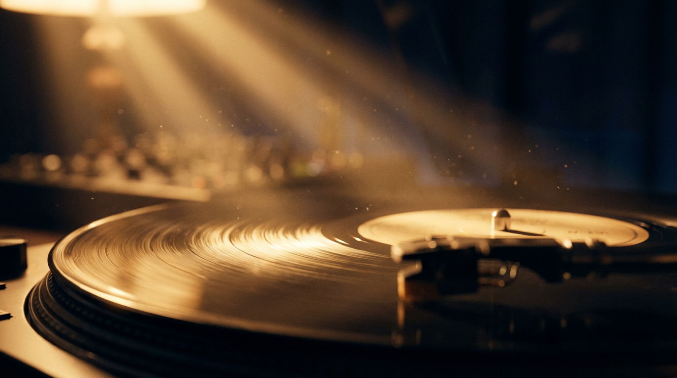 Spinning vinyl record with needle arm, golden studio lighting and floating dust particles in 16:9 format. Spinning vinyl record with needle arm, golden studio lighting and floating dust particles in 16:9 format.