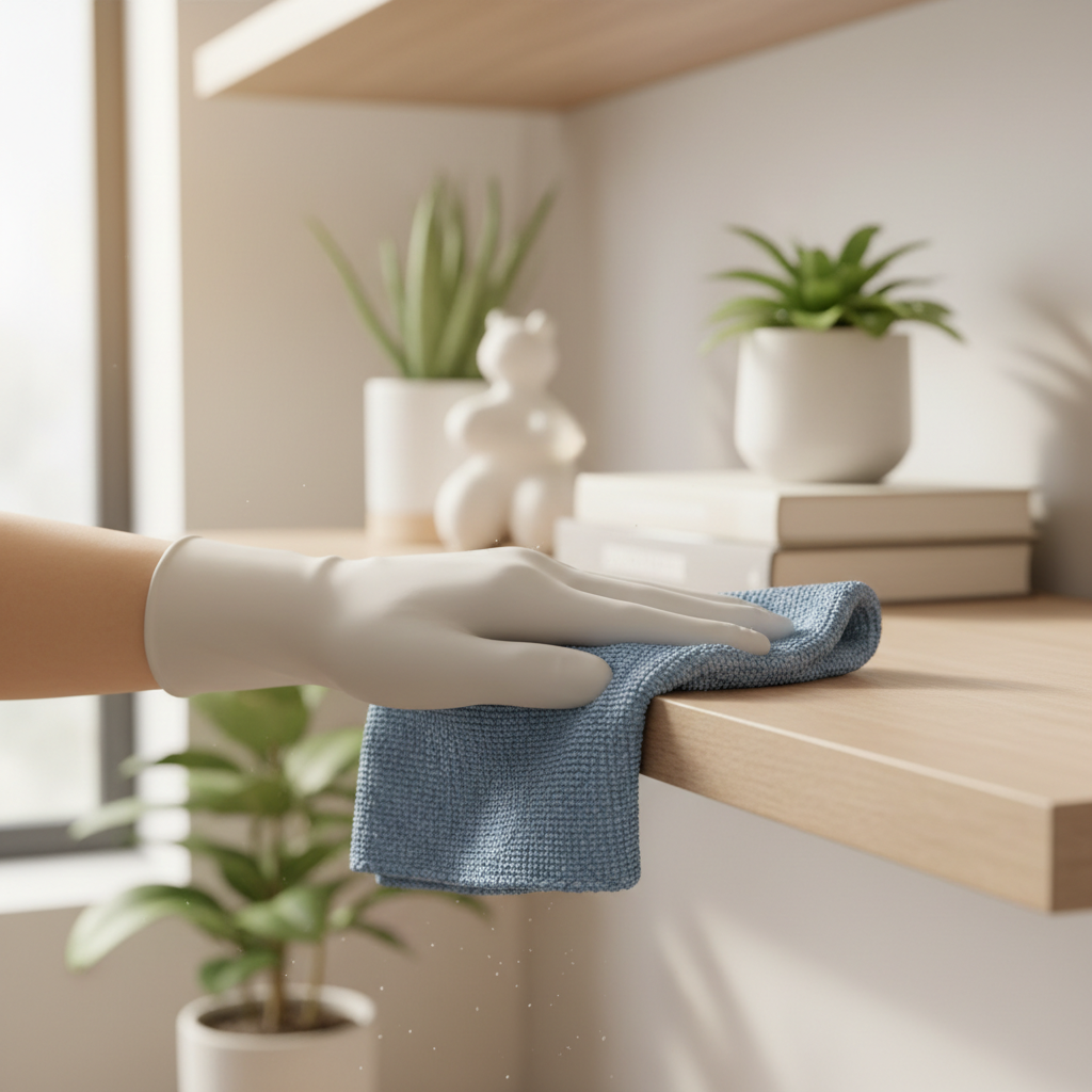 Utah's dry climate means dust accumulates faster, requiring professional attention to vents and high surfaces. Professional cleaner dusting furniture in a bright living room using specialized equipment for dust removal.